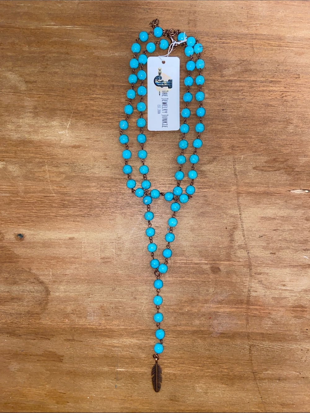 The Jewelry Junkie NWT turquoise beaded two strand boho country necklace feather - Picture 2 of 4